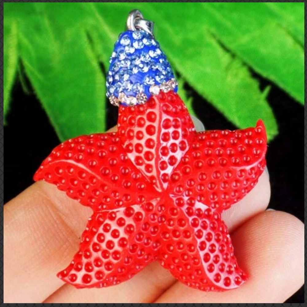 - Red starfish ocean pendent w rhinestone encrusted necklace beach summer gift